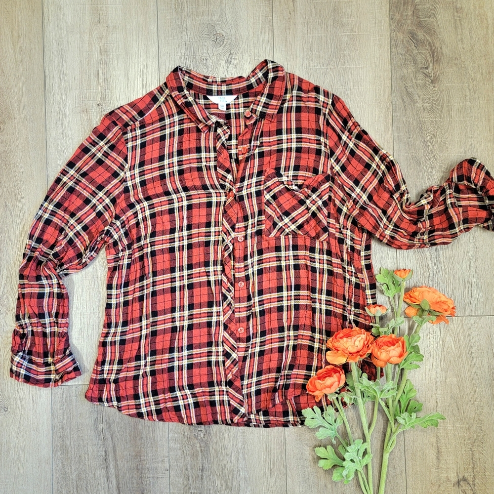 Time & Tru Orange Plaid Flannel Button Up Long‎ Sleeve Roll Tab Size XXL 2XL